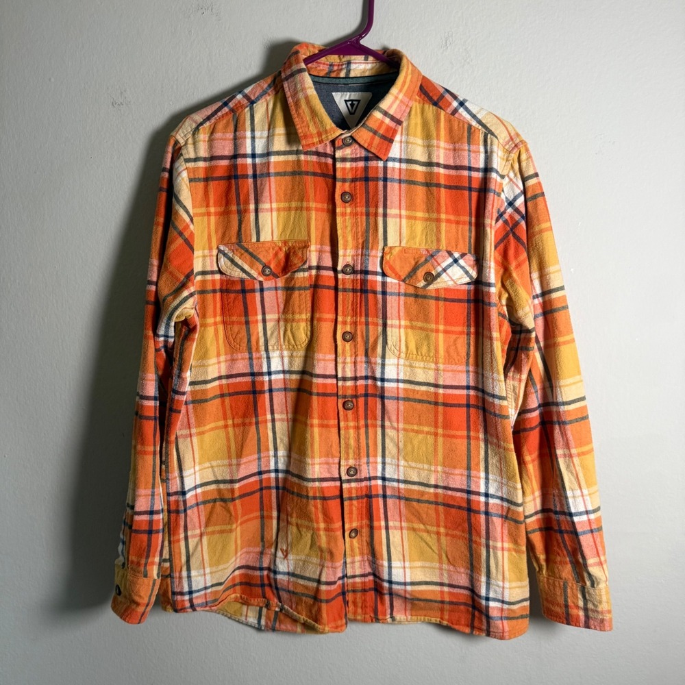 Vissla Mens Orange Yellow Plaid Long Sleeve Button Down Flannel Shirt M513YCEC L